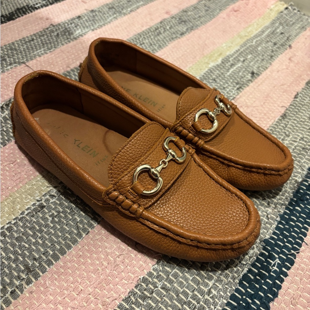 Anne Klein Tan Leather Loafers with gold  horse bait chain